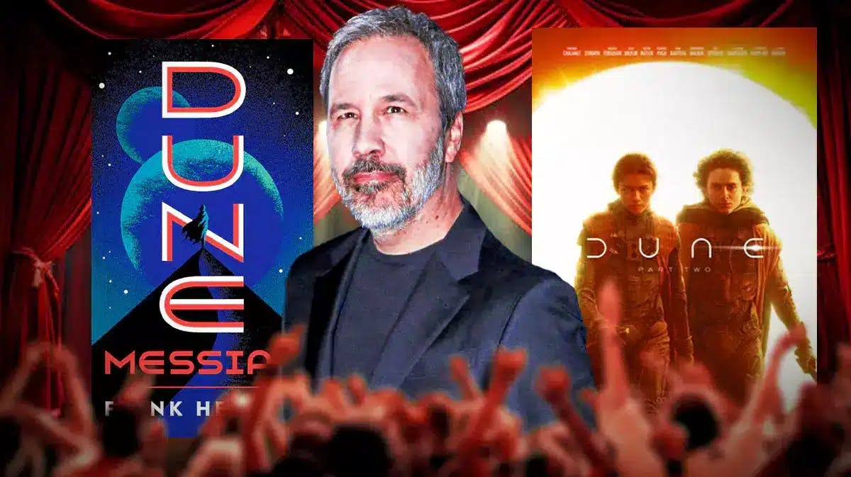 Denis Villeneuve with Messiah and Dune: Part Two poster.