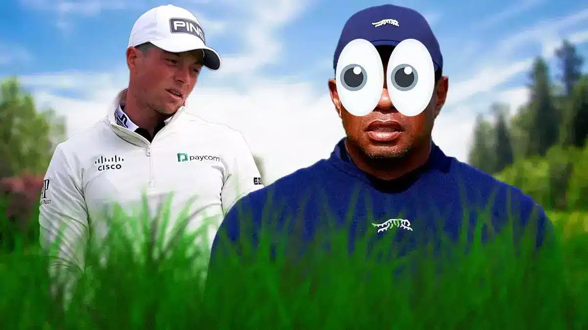 Tiger Woods on one side with the big eyes emoji over his face, Viktor Hovland on the other side. Genesis Invitational hole number 15
