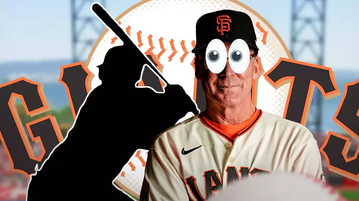 Giants Bob Melvin with emoji eyes looking at a mystery MLB slugger. Background is Oracle Park