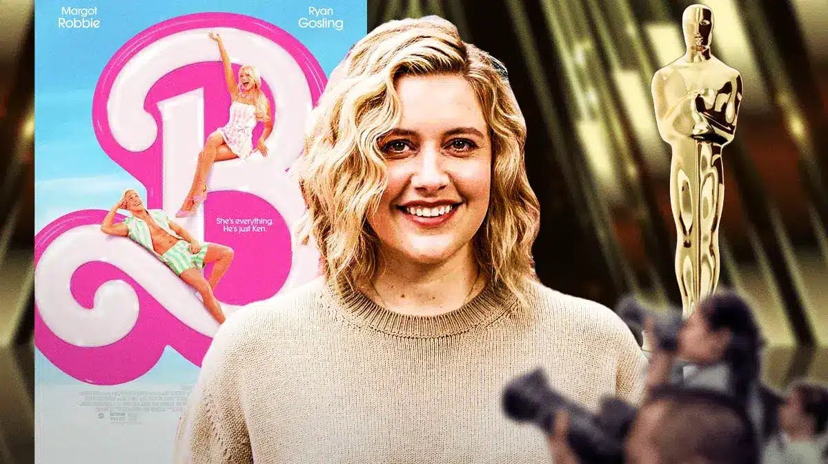 Barbie poster and Oscars trophy with Greta Gerwig.