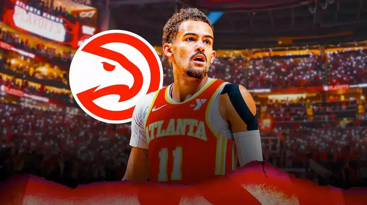 Trae Young stands in front of Hawks logo while NBA fans debate his 2024 All-Star Game snub ahead of the trade deadline
