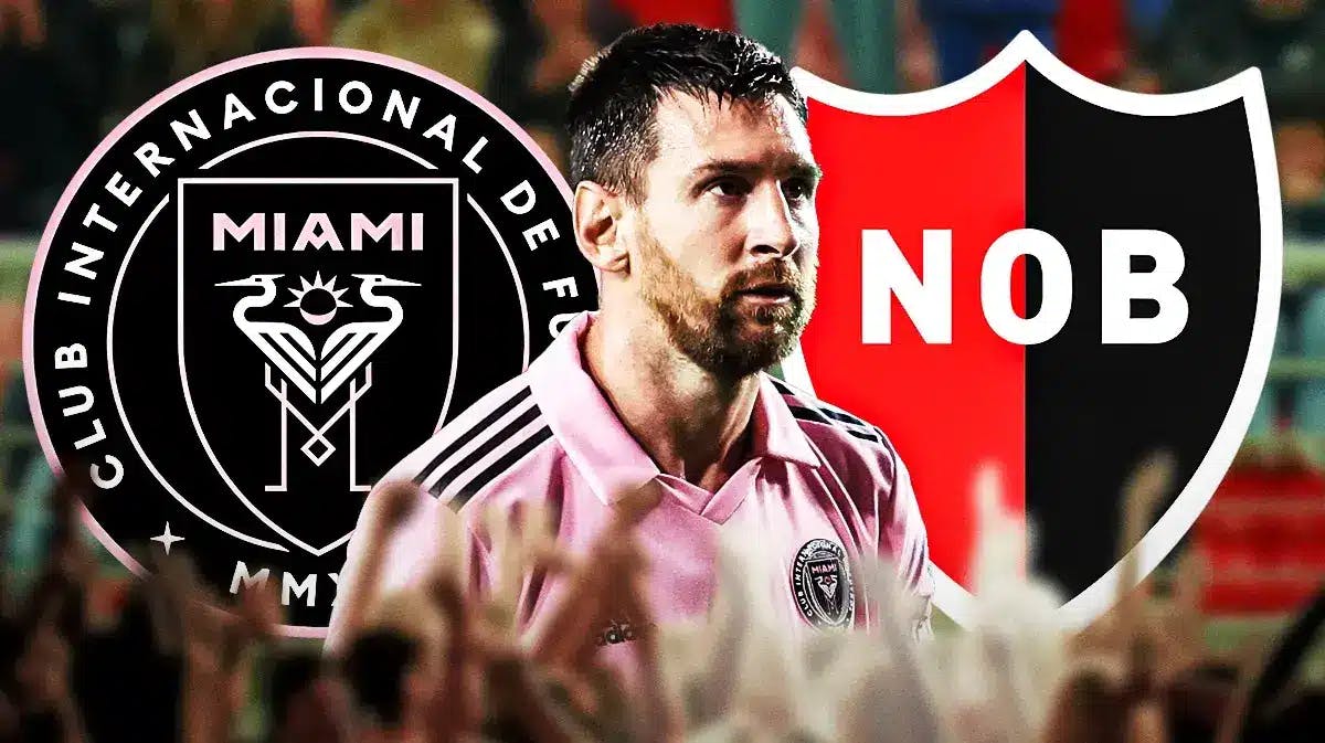 Lionel Messi in front of the Inter Miami and Newell’s Old Boys logos