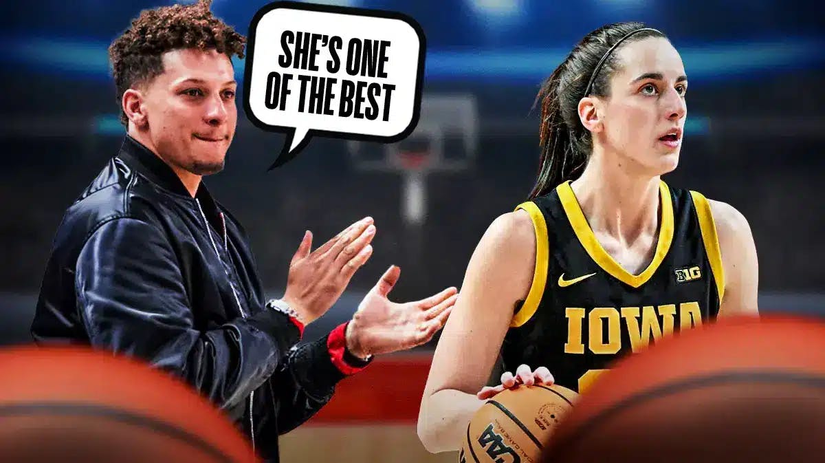 Kansas City Chiefs quarterback Patrick Mahomes, with a text bubble saying “She’s one of the best” and Iowa women’s basketball player Caitlin Clark