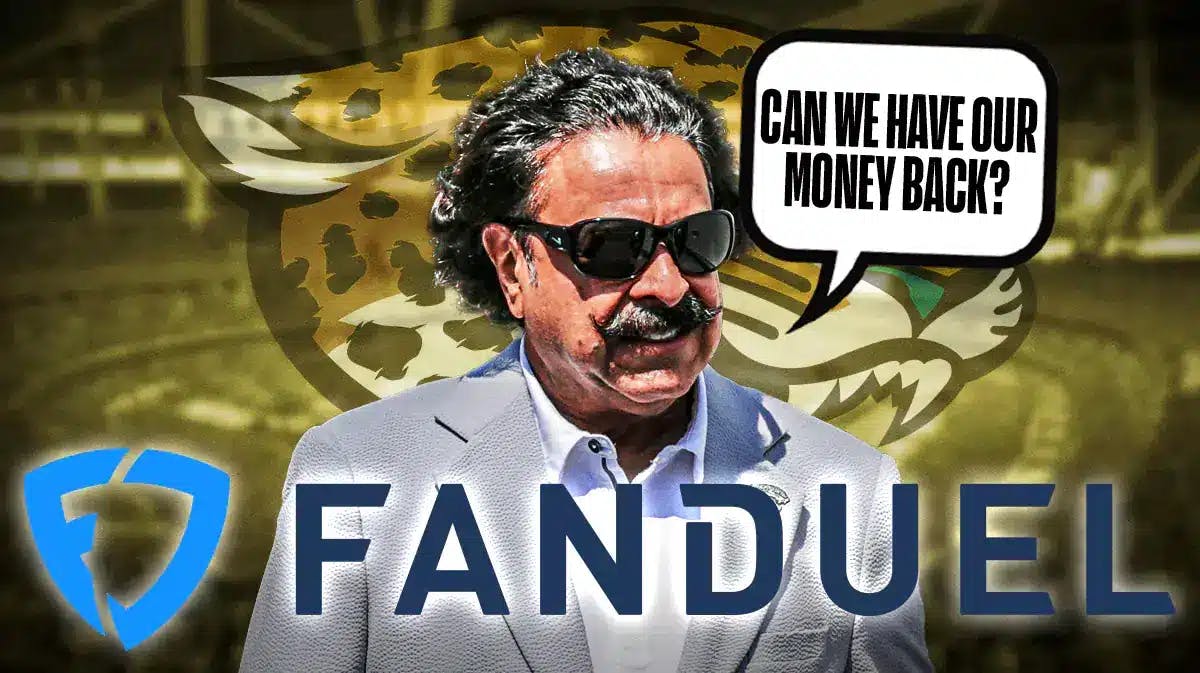 Jaguars owner Shad Khan with speech bubble “Can we have our money back?” talking to a FanDuel logo. Jaguars background.