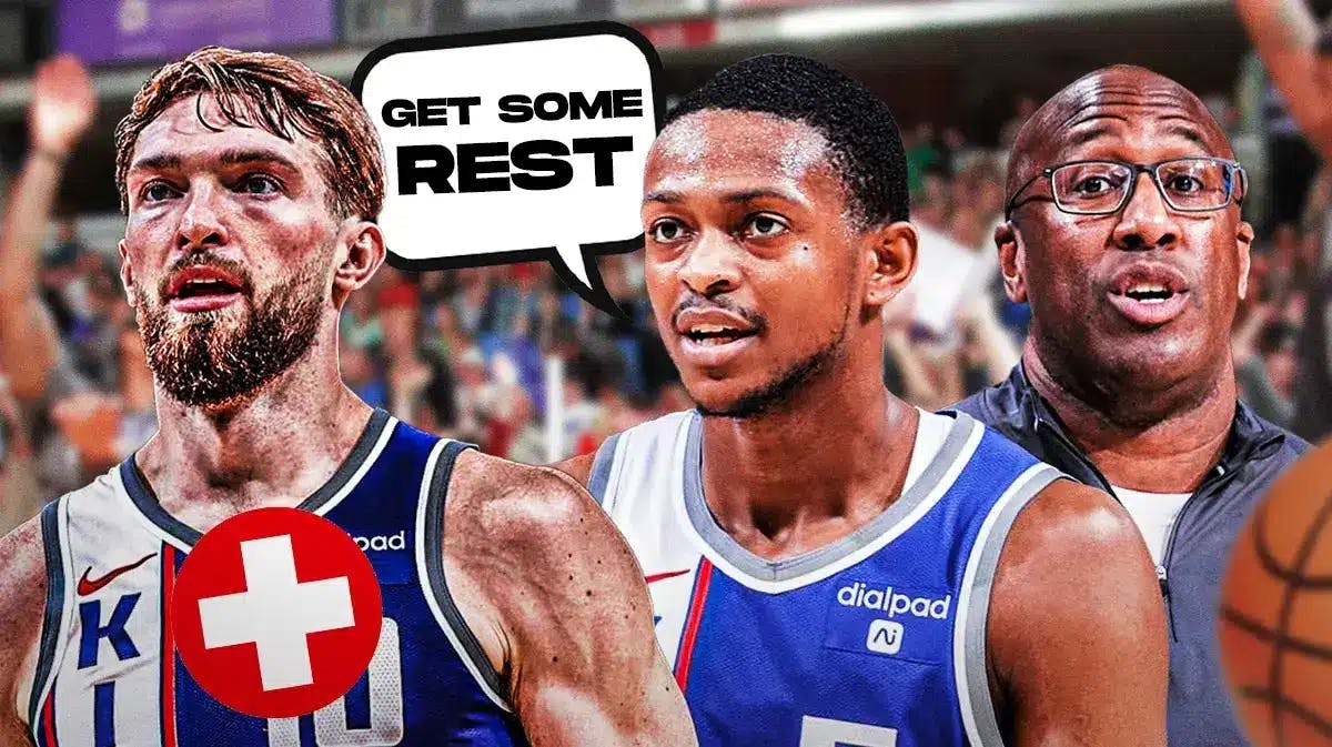 De'Aaron Fox and Mike Brown saying "Get some rest" to Domantas Sabonis