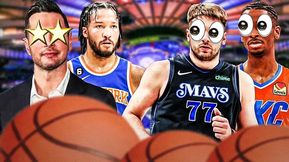 JJ Redick and Jalen Brunson on one side, Redick with stars in his eyes, Luka Doncic and Shai Gilgeous-Alexander on the other side with the big eyes emoji over their faces