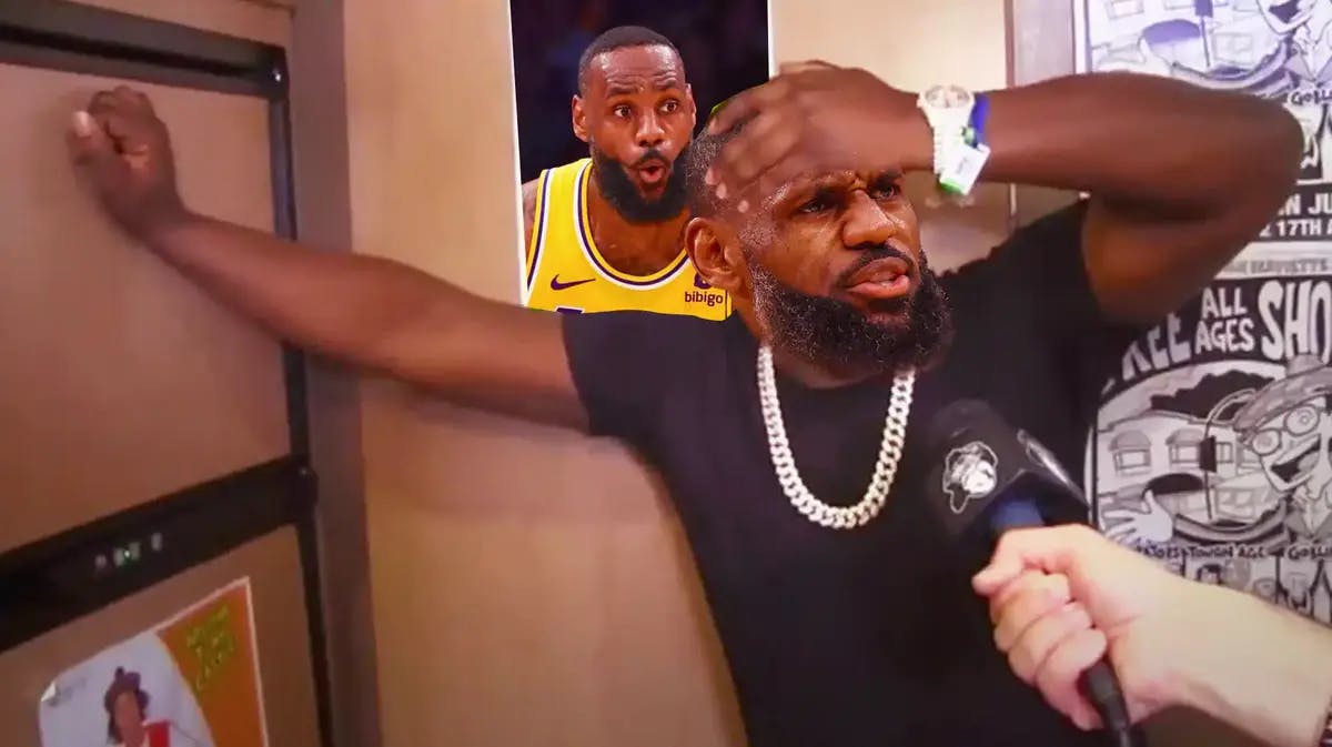 LeBron James (Lakers) as a meme. Poster in the background with LeBron James’ hyped face