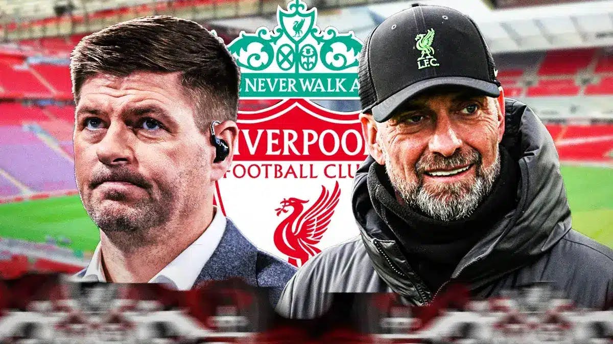 Steven Gerrard and Jurgen Klopp in front of the Liverpool logo