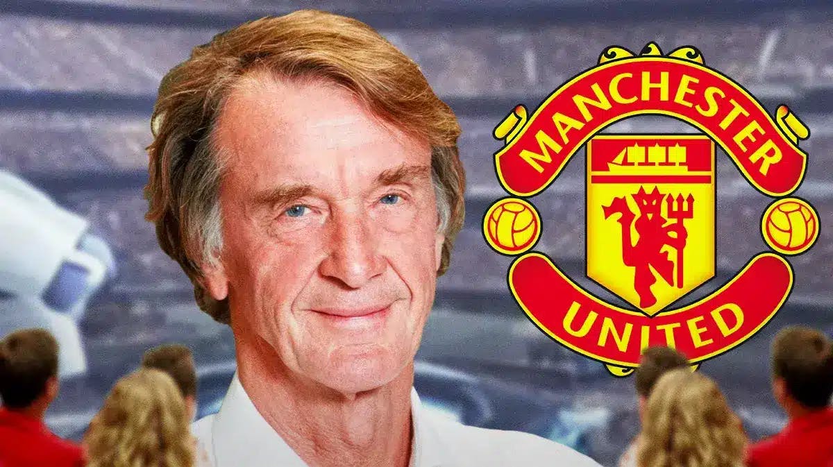 Sir Jim Ratcliffe in front of a huge futuristic stadium, the Manchester United logo in the corner