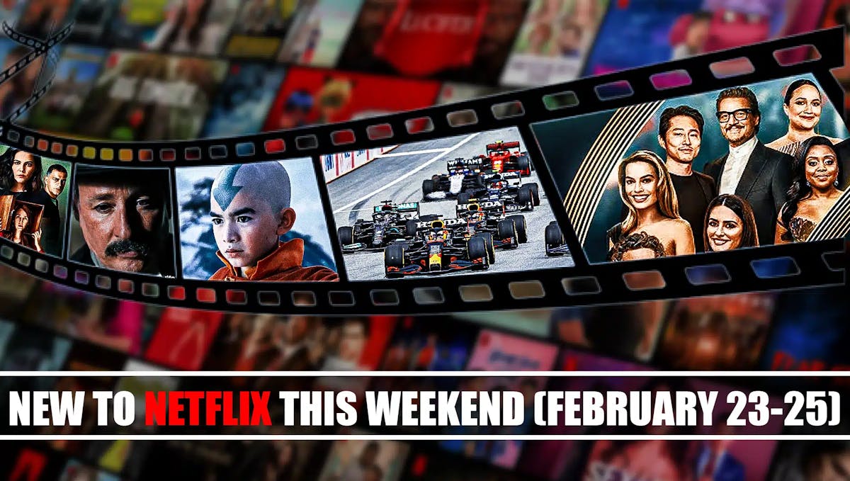 A film reel with Avatar: The Last Airbender, F1 Formula One, Screenwriters Guild, New to Netflix this weekend February 23-25, 2024