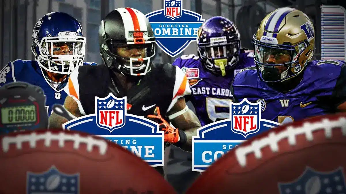 Chris Johnson (East Carolina), John Ross (Washington), Byron Jones (Connecticut), Brandin Cooks (Oregon State) all together. The NFL Scouting Combine logo on the graphic. Around the graphic is a stop watch, bench press, vertical jump tester.