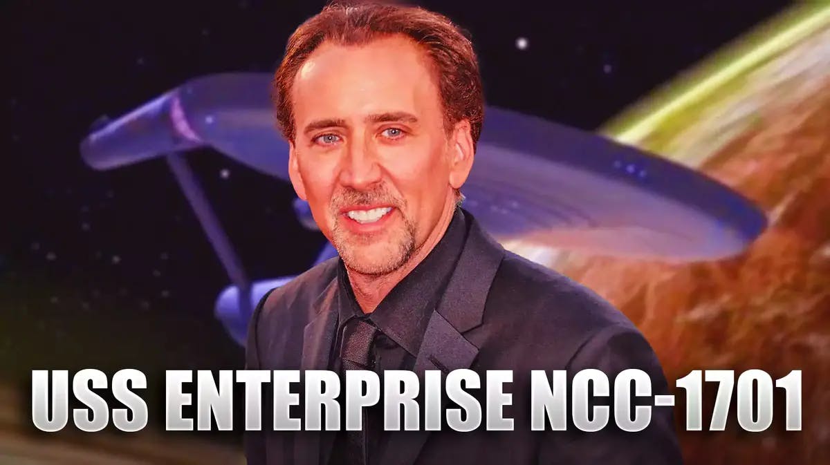 Nicolas Cage, Star Trek's Enterprise in the background, USS Enterprise NCC-1701