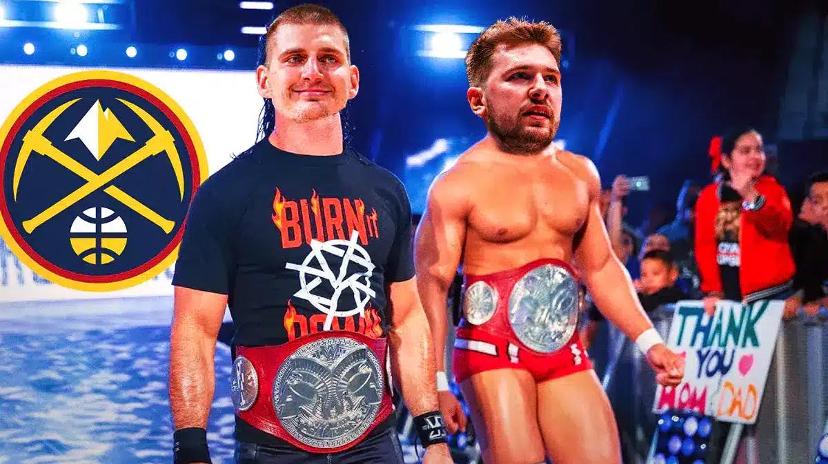 Nikola Jokic (Nuggets) and Luka Doncic as these wrestlers making an entrance
