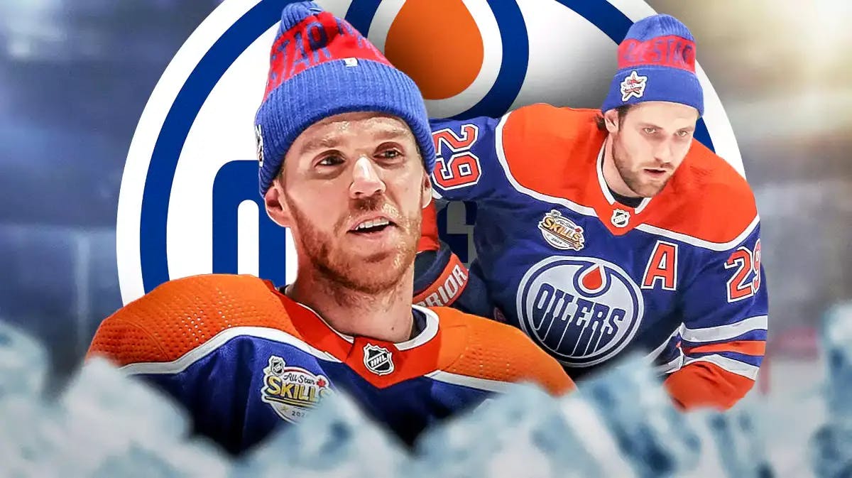 Connor McDavid and Leon Draisaitl on either side of image looking happy, EDM Oilers logo in middle, hockey rink in background