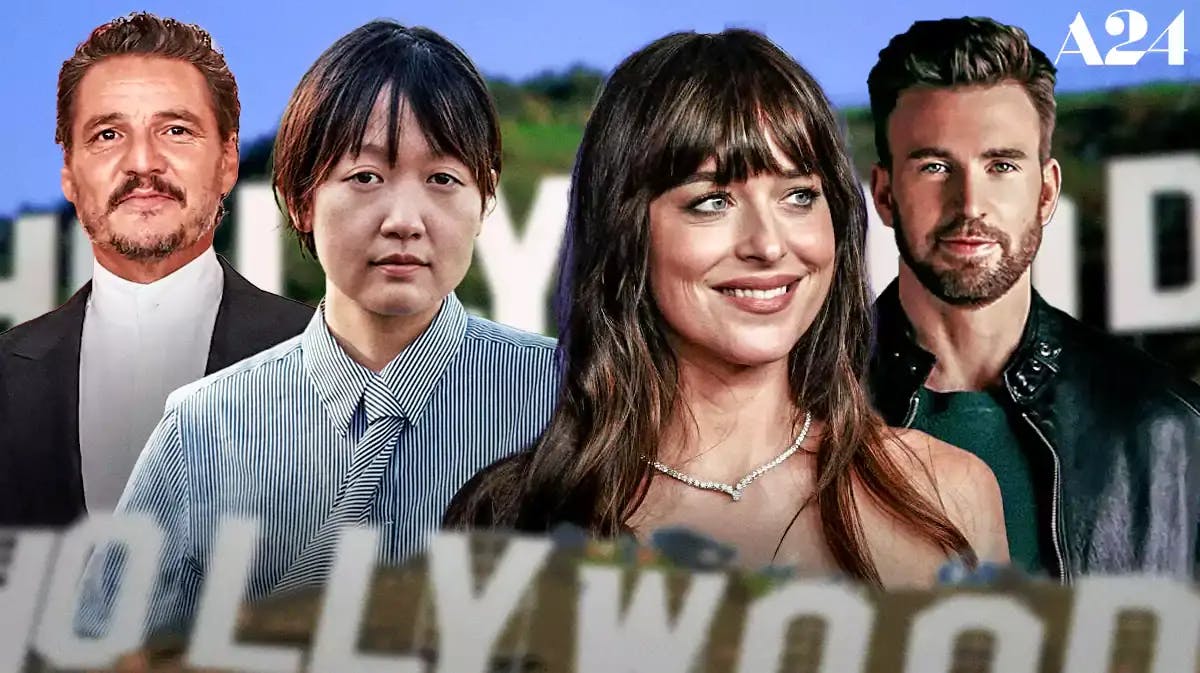 Past Lives director Celine Song with Pedro Pascal, Dakota Johnson, and Chris Evans.