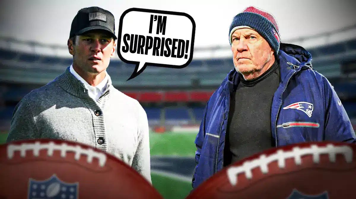 Former Patriots quarterback Tom Brady saying "I'm Surprised" with coach Bill Belichick on the right.