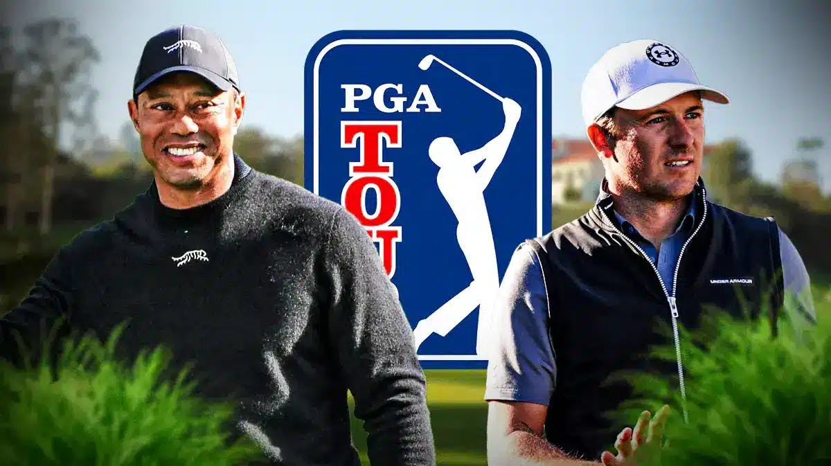 Golf stars Tiger Woods ad Jordan Spieth smile next to PGA Tour logo before the Genesis Invitational