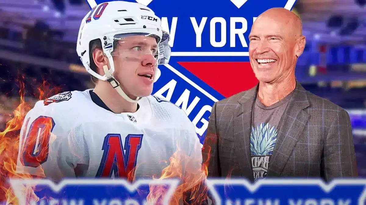 Artemi Panarin with fire around him looking happy, Mark Messier in a suit looking on impressed, NY Rangers logo, hockey rink in background