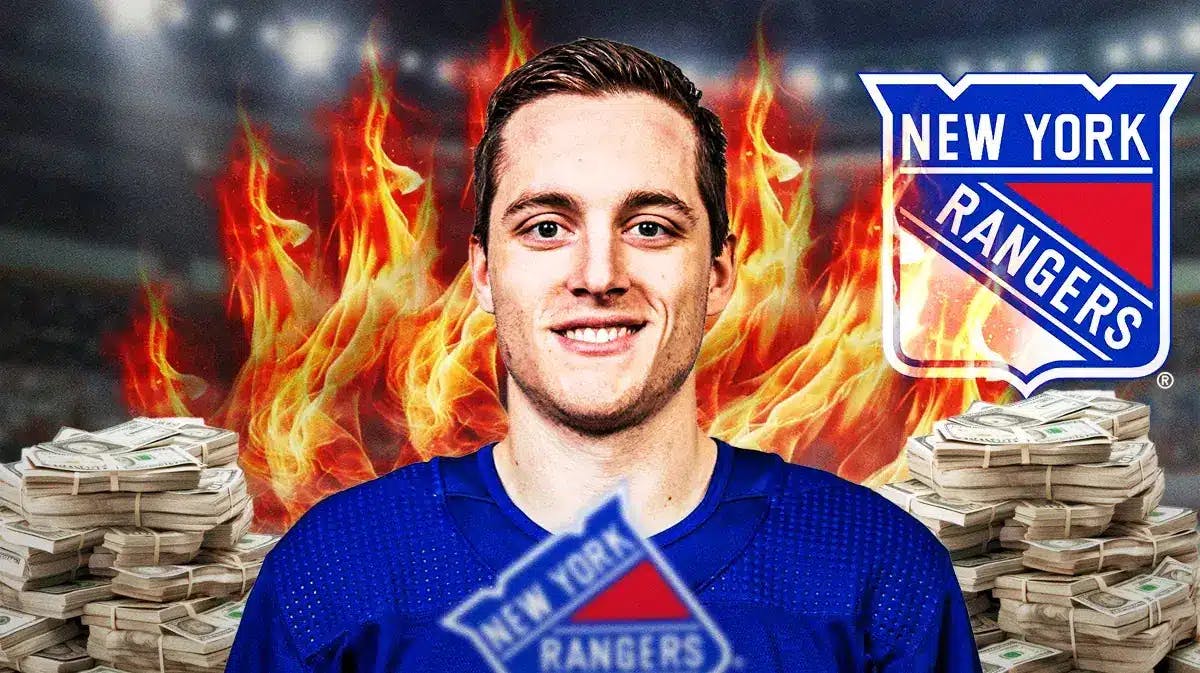 Jonny Brodzinski in middle of image with fire around him looking happy, NYR logo, hockey rink in background, money to represent contract
