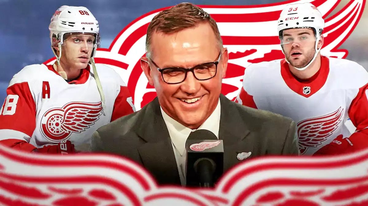 Steve Yzerman in middle of image looking happy, Patrick Kane and Alex DeBrincat on either side, DET Red Wings logo, hockey rink in background
