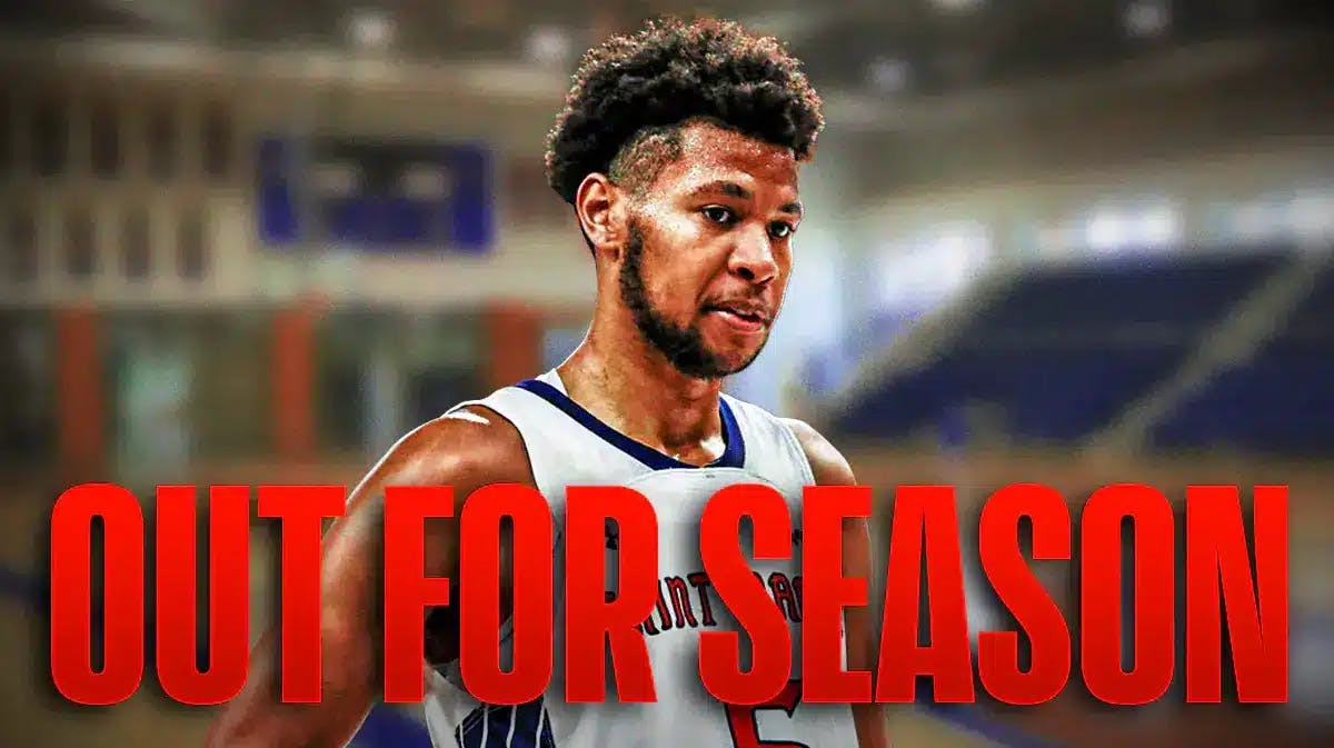 Joshua Jefferson with a caption in front "Out for season" (Saint Mary's basketball)