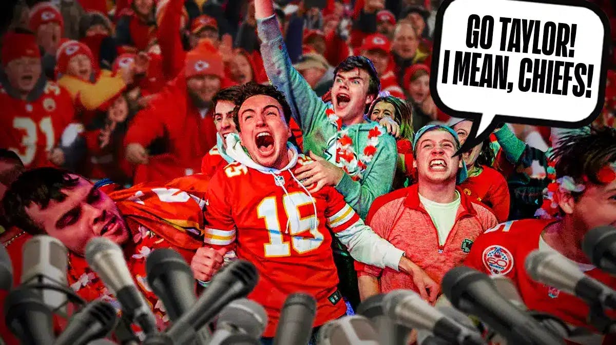 A bunch of Kansas City Chiefs fans shouting in the stands. One has a speech bubble, “Go Taylor! I mean, Chiefs!”