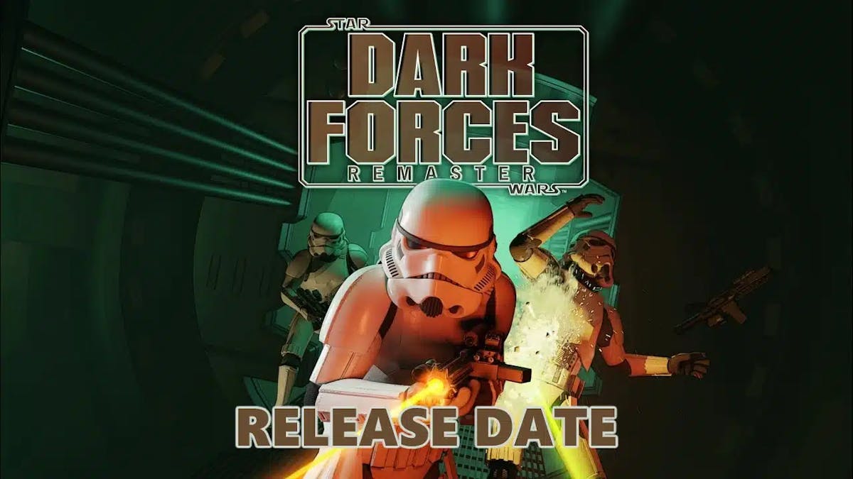 dark forces remaster, dark forces remaster release, dark forces remaster gameplay, dark forces remaster story, key art for the star wars dark forces remaster with the words release date under the game title
