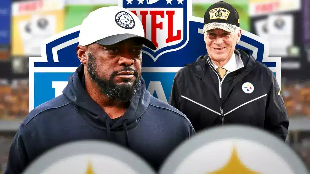 Steelers Mike Tomlin and Art Rooney in front of the NFL Draft logo in front of Acrisure Stadium