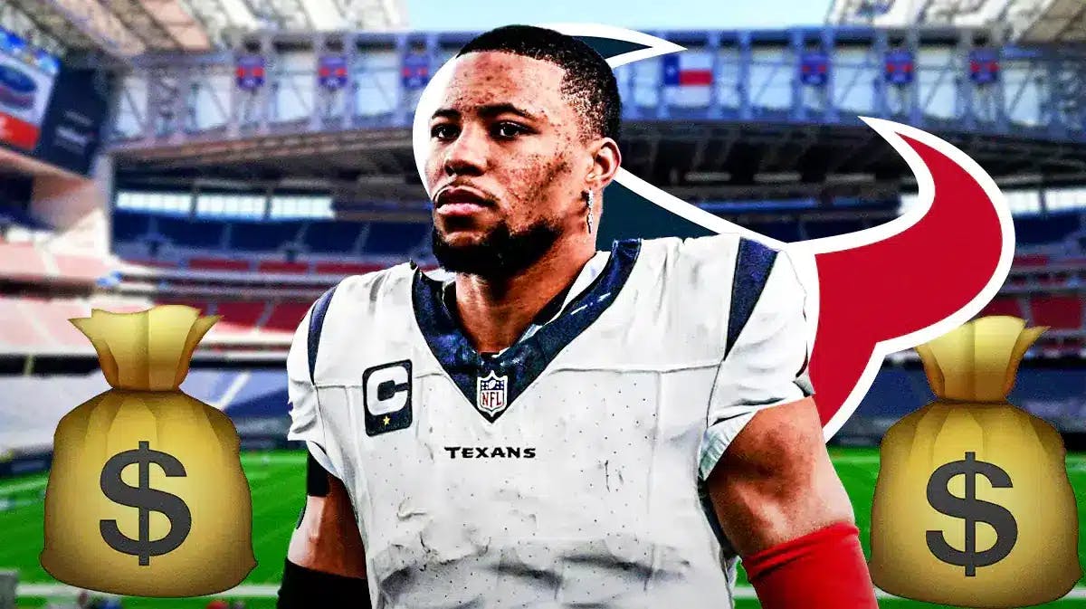 Saquon Barkley wearing a Texans jersey in front of a Texans logo at NRG Stadium
