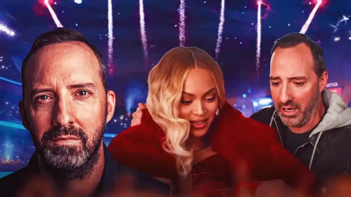 Tony Hale on one side; Beyonce and Hale on the other in their Verizon Super Bowl 58 commercial