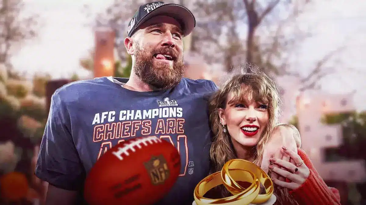 Travis Kelce and Taylor Swift with a football and an engagement ring