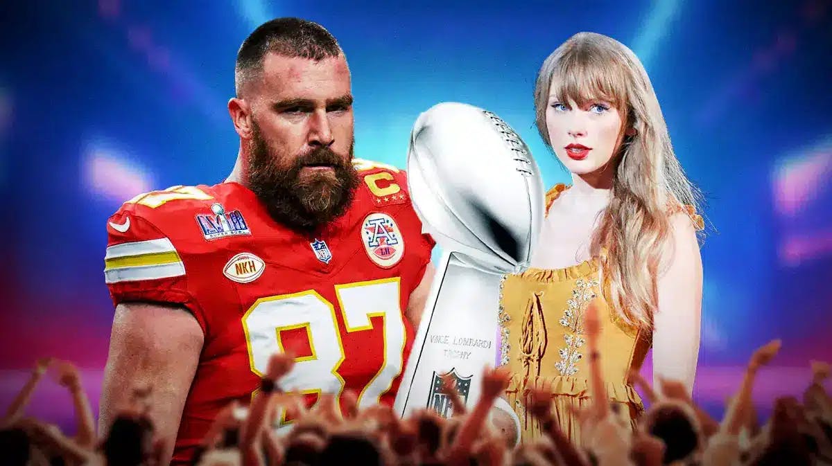 Kansas City Chiefs tight end Travis Kelce and Taylor Swift with Lombardi (Super Bowl) trophy.