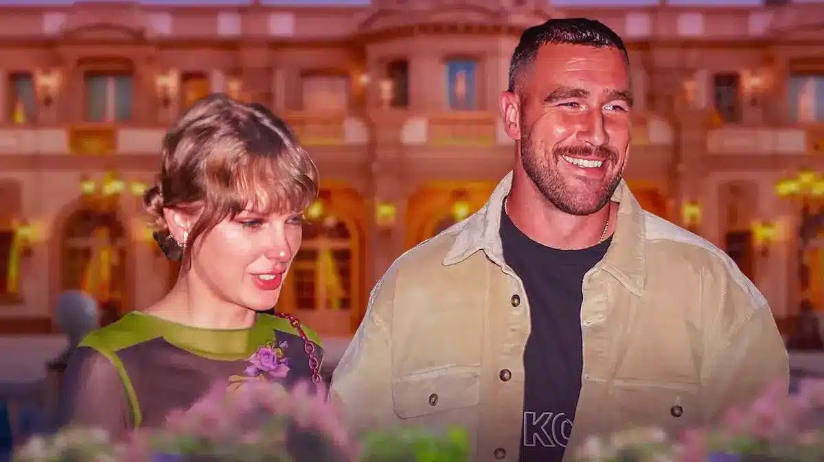 Travis Kelce, Taylor Swift with a mansion behind them
