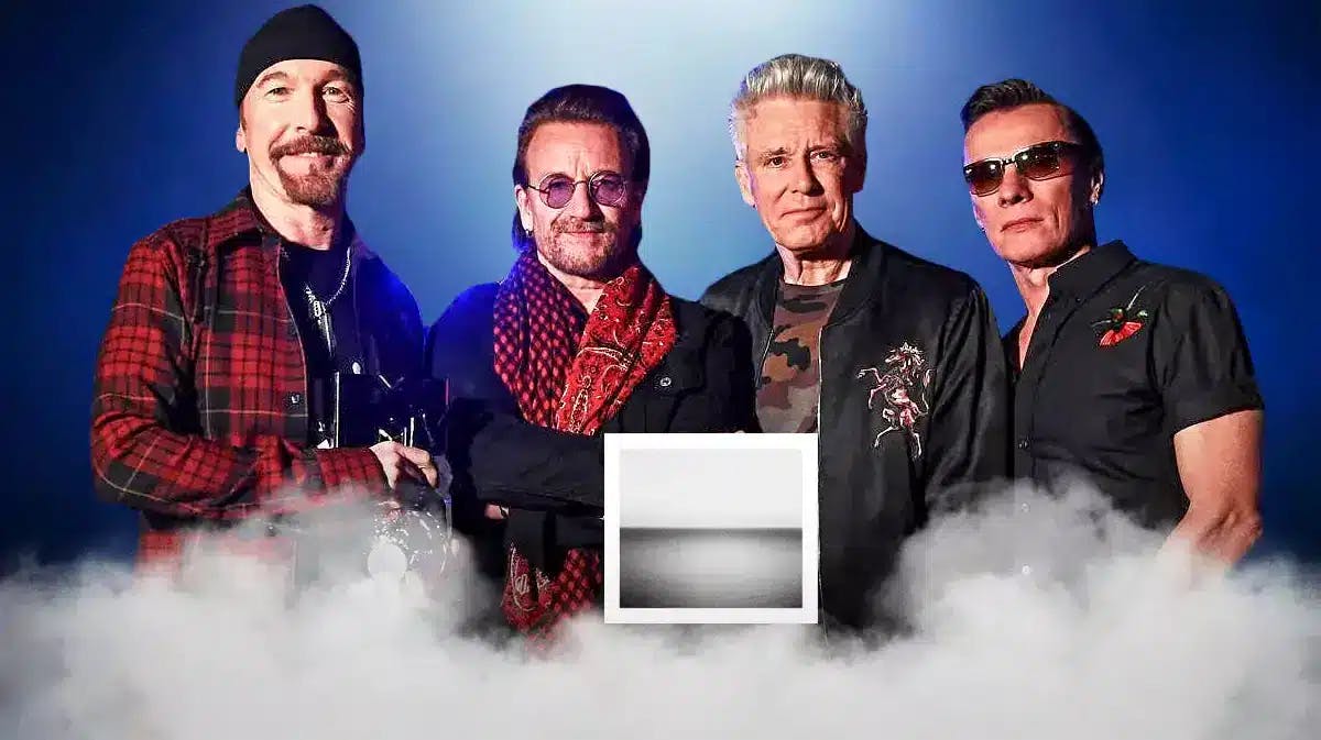 The Edge, Bono, Adam Clayton, and Larry Mullen Jr. with U2 No Line on the Horizon album cover.