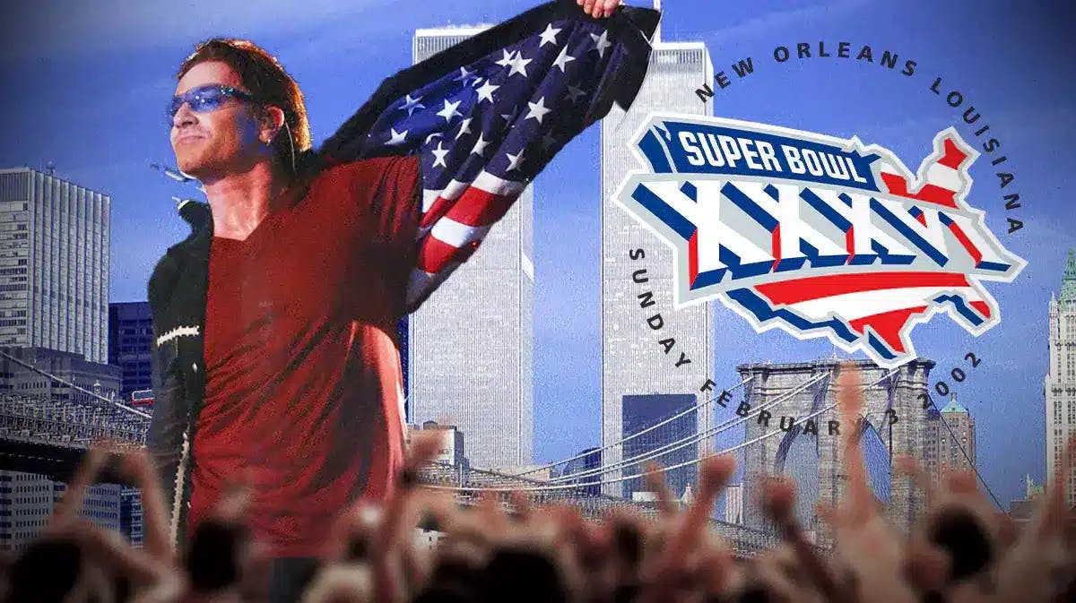U2 Bono with Super Bowl XXXVI logo and World Trade Center in background.
