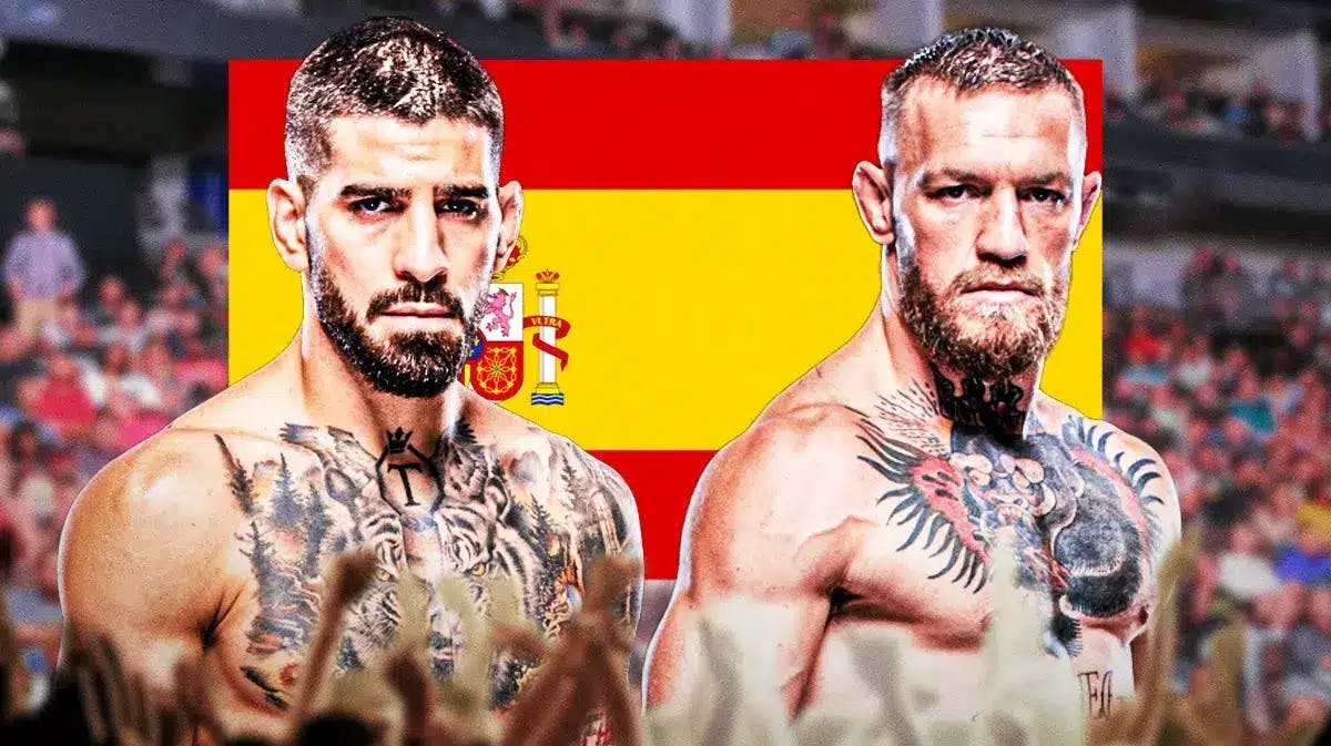 UFC fighters Ilia Topuria and Conor McGregor in front of Spanish flag