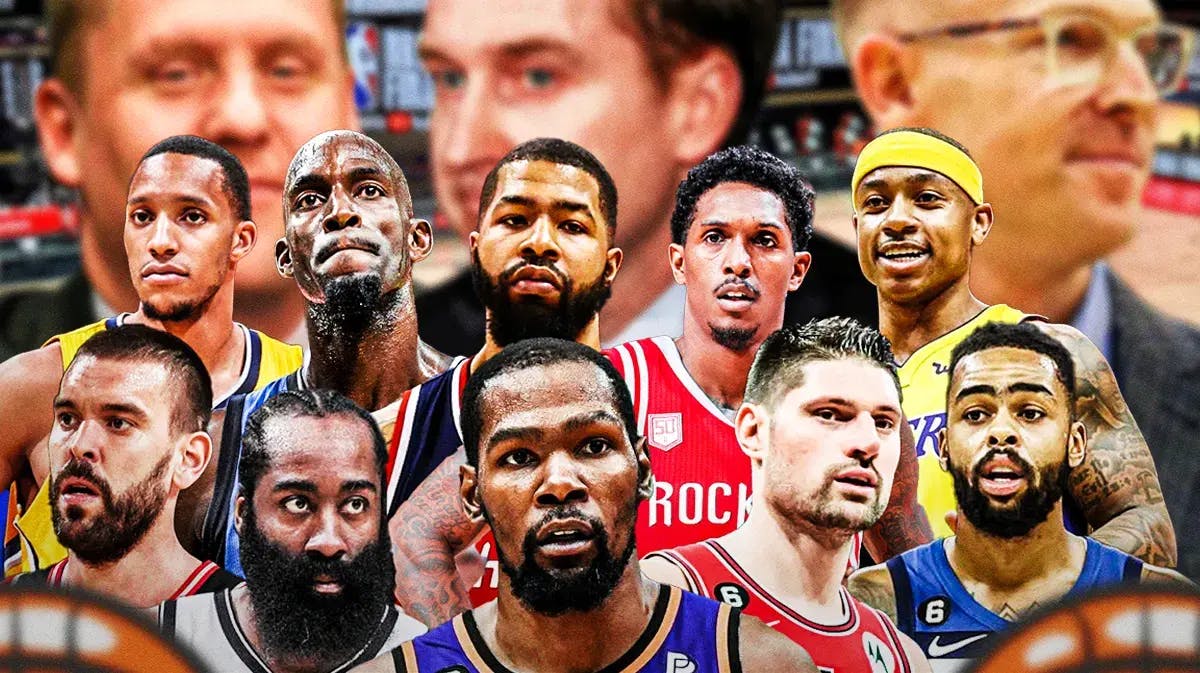 Sam Hinkie ideally in 76ers gear, Sam Presti ideally in Thunder gear, Tim Connelly ideally in Nuggets gear. All of those executives in the background and kind of bigger and overarching over the following players that are in front/below them in the graphic. Those players being Kevin Durant (Suns), James Harden (Nets), Nikola Vucevic (Bulls), D’Angelo Russell (Timberwolves), Marc Gasol (Raptors), Isaiah Thomas (Lakers), Lou Williams (Rockets), Markieff Morris (Wizards), Kevin Garnett (Timberwolves and older version not younger version), Evan Turner (Pacers)