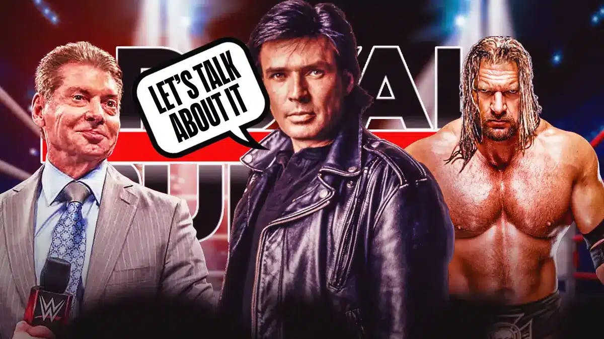 Eric Bischoff with a text bubble reading “Let’s talk about it” with Vince McMahon on the left and Triple H on the right with the 2024 Royal Rumble logo as the background.