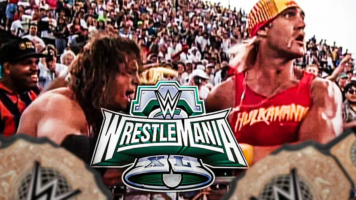 WWE WrestleMania 40 logo over image of Bret Hart and Hulk Hogan at WrestleMania 9