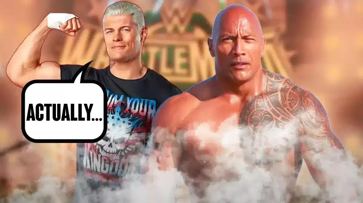 Cody Rhodes wearing a Twilight Zone shirt with a text bubble reading “Actually…” next to The Rock with the WrestleMania 40 logo as the background.
