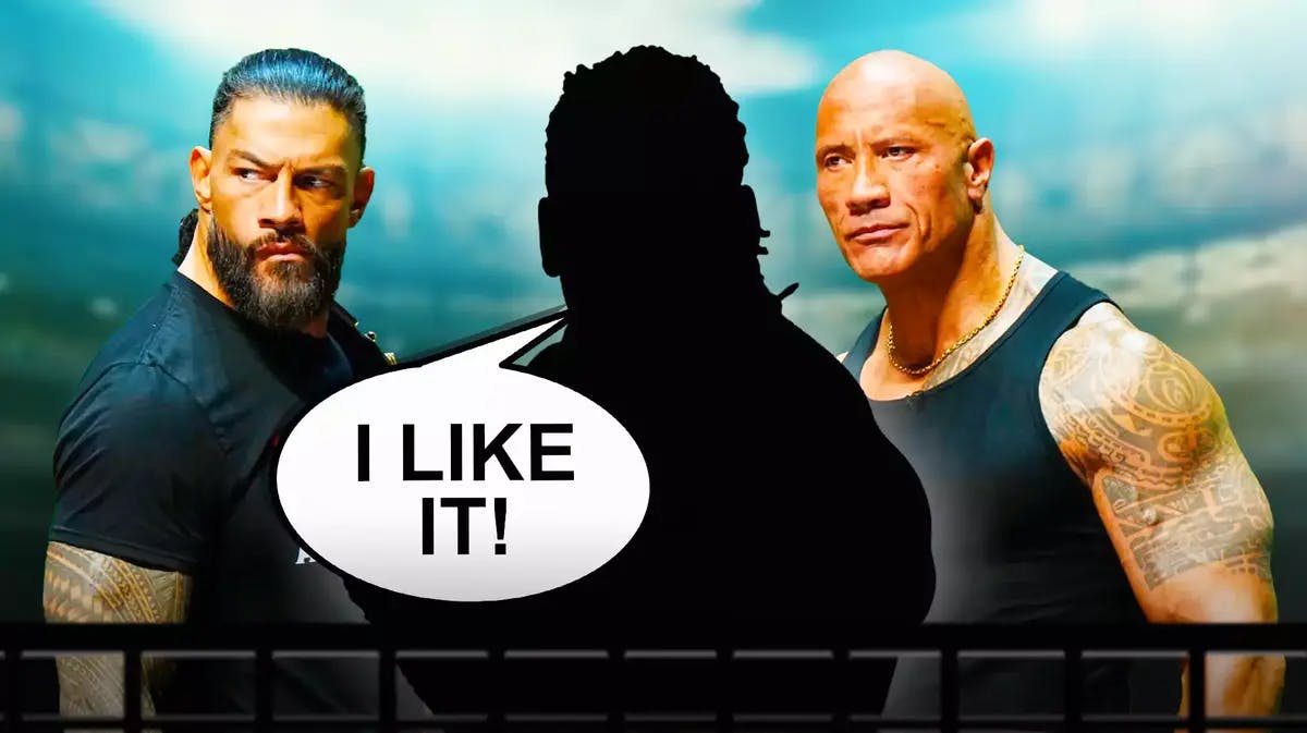 The blacked-out silhouette of Booker T with a text bubble reading “I like it!” with Roman Reigns on his left, The Rock on his right, and the WWE logo as the background.