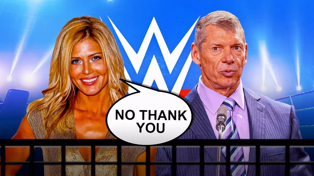 Torrie Wilson with a text bubble reading “No thank you” next to Vince McMahon with the WWE logo as the background.