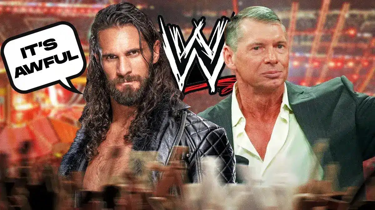Seth Rollins with a text bubble reading “It’s awful” next to Vince McMahon with the WWE logo as the background.