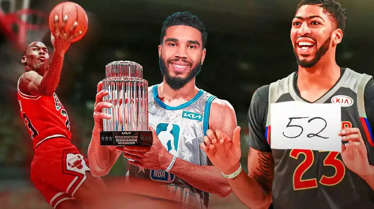 Michael Jordan dunking, Jayson Tatum holding the All-Star MVP trophy and Anthony Davis holding a sign.