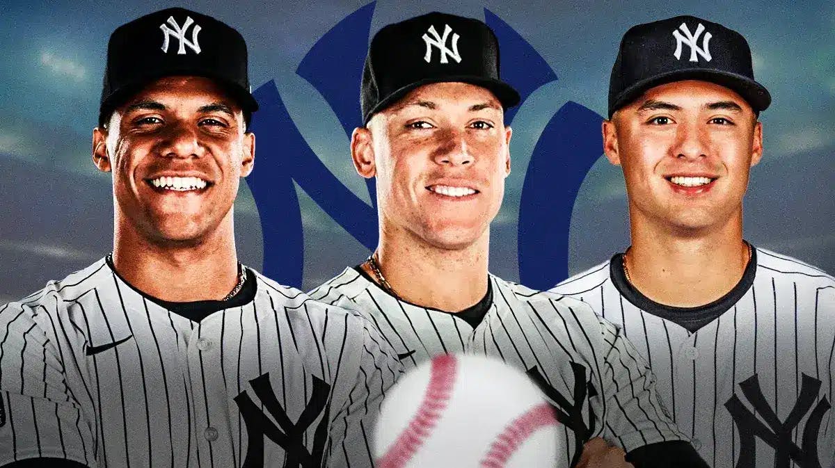 Juan Soto, Aaron Judge and Anthony Volpe all looking happy, NY Yankees logo, baseball field in background