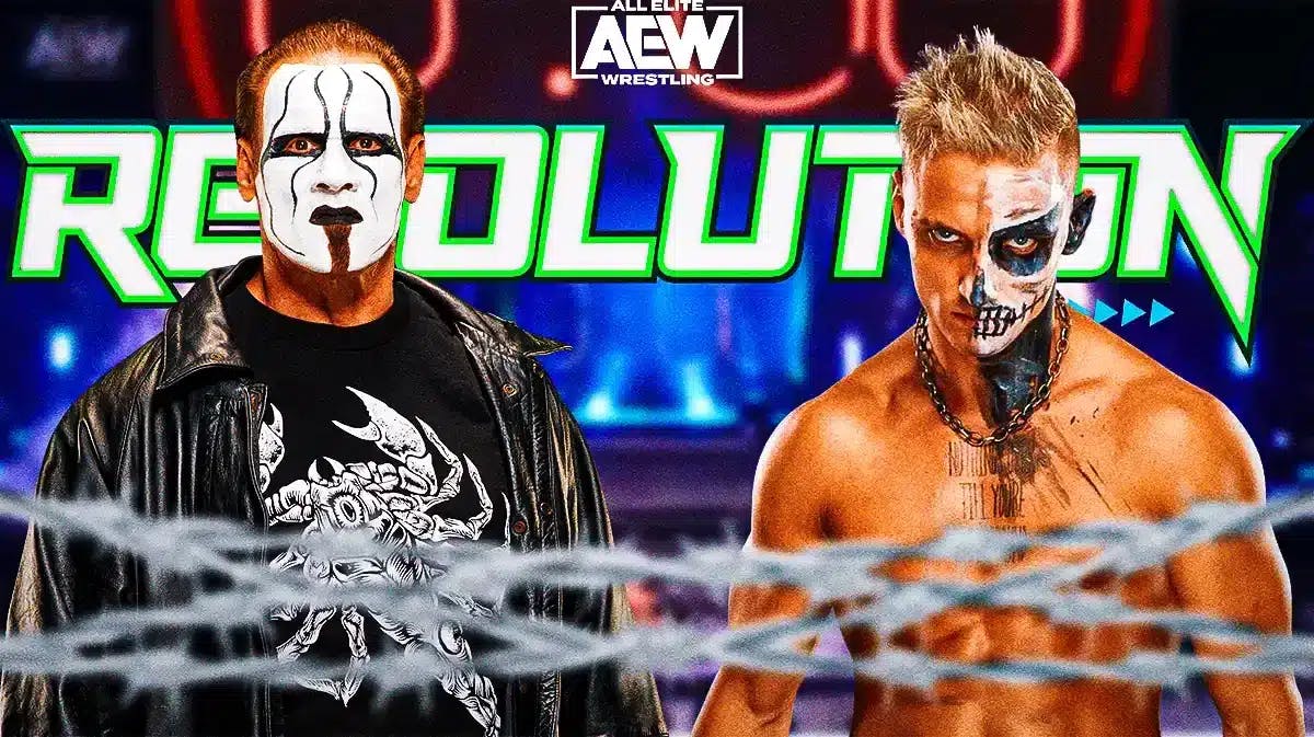 AEW’s Sting with a text bubble reading “Darby’s mindset is going to open doors” next to Darby Allin with the AEW Revolution logo as the background.