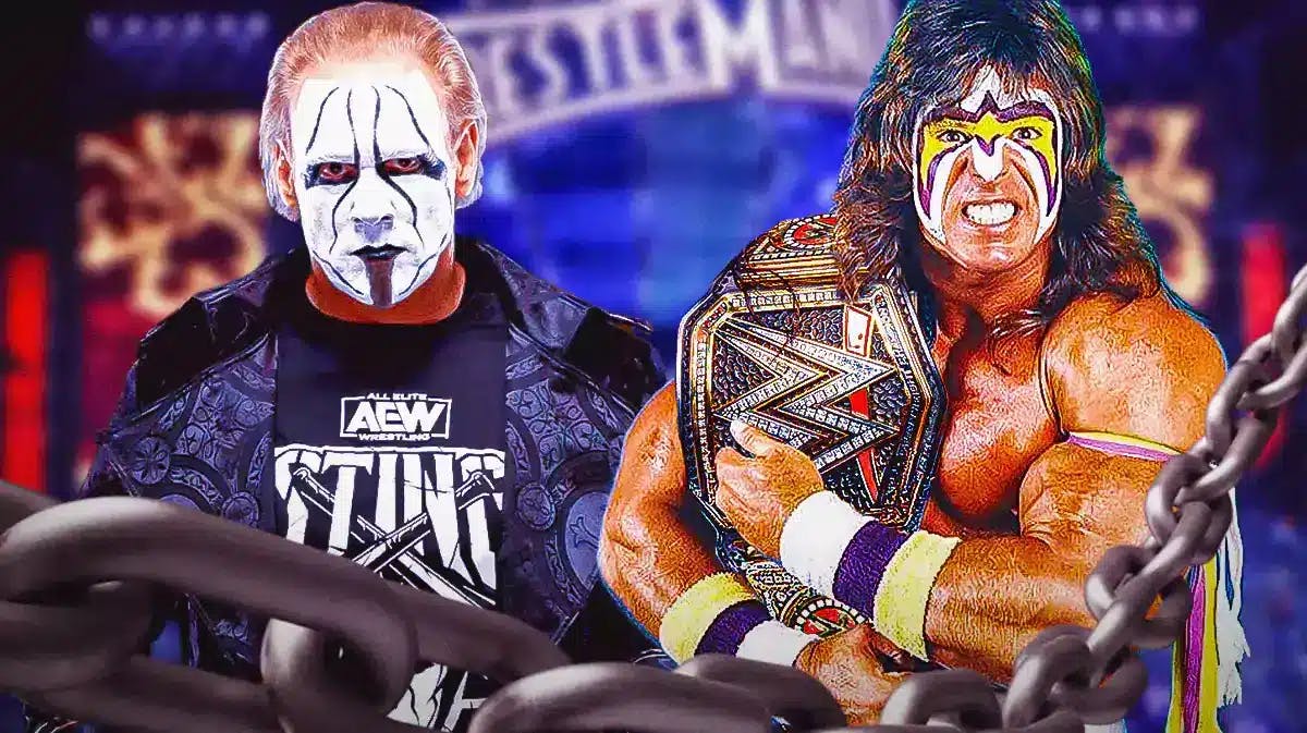 Sting next to the Ultimate Warrior in a wrestling ring.