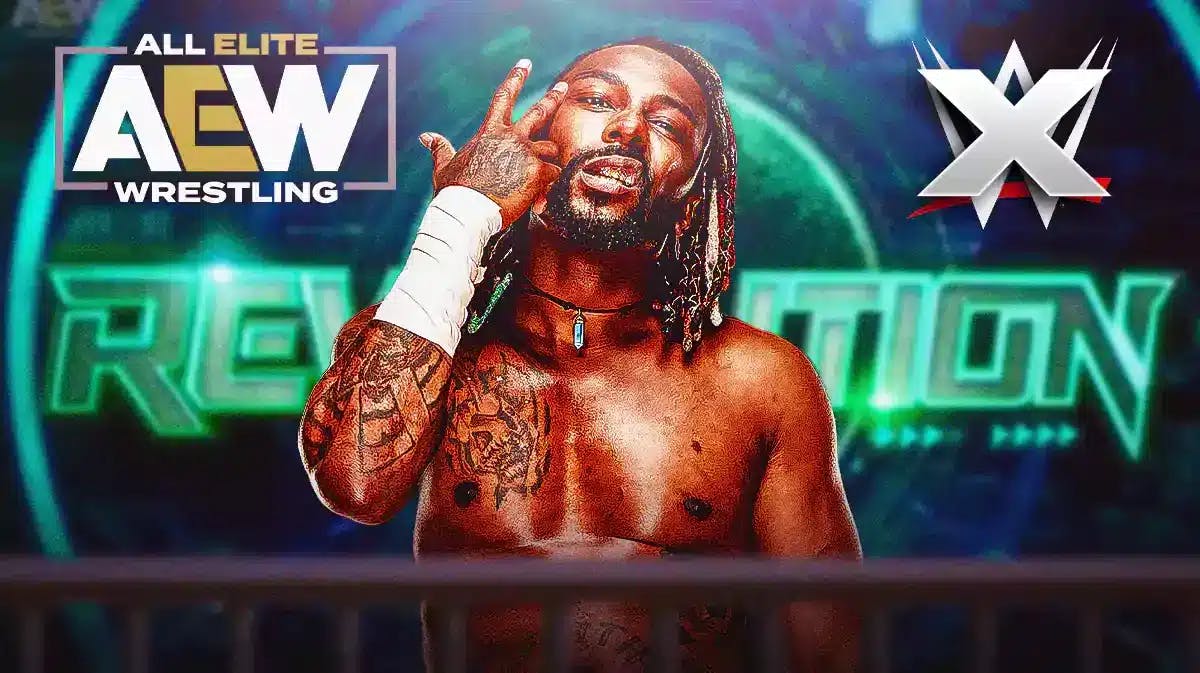 Swerve Strickland with the AEW logo on his left and a crossed-out WWE logo on his right with the 2024 AEW Revolution logo as the background.