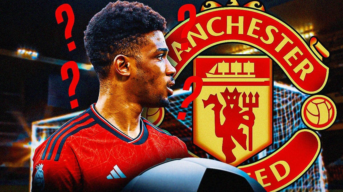 Amad Diallo in front of the Manchester United logo, questionmarks in the air