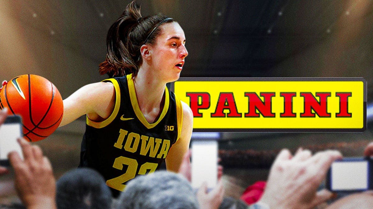 Iowa women’s basketball player Caitlin Clark, as if she is on a sports trading card, with the Panini logo